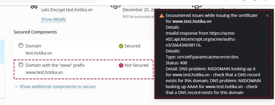 Cài đặt SSL thông báo lỗi vì chưa cập nhật bản ghi cho DNS của tên miền