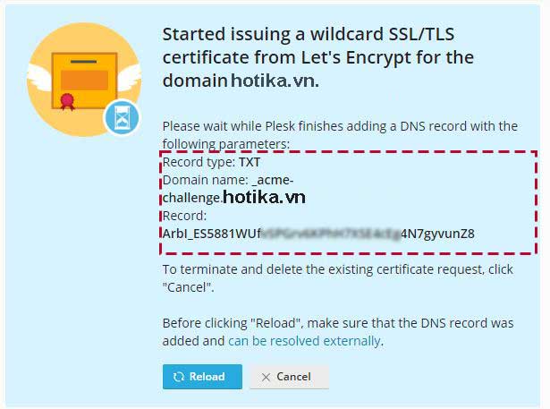 Trò bản ghi TXT để hoàn thành cài đặt SSL miễn phí trên Plesk